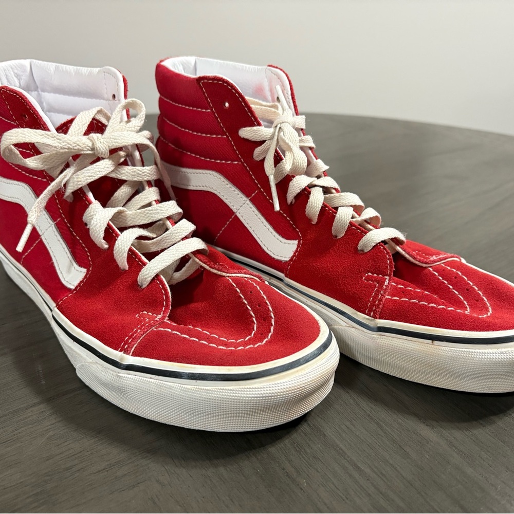Vans Red and White High-Top Sneakers